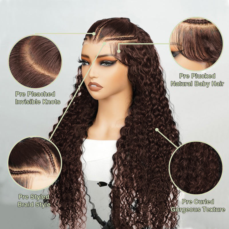 Upgrade Precut Ready To Go Pre Braided Glueless Wig Water Wave 13x4 /13x6 HD Lace Frontal Wig With Mini Knots Bleached Colored Wig