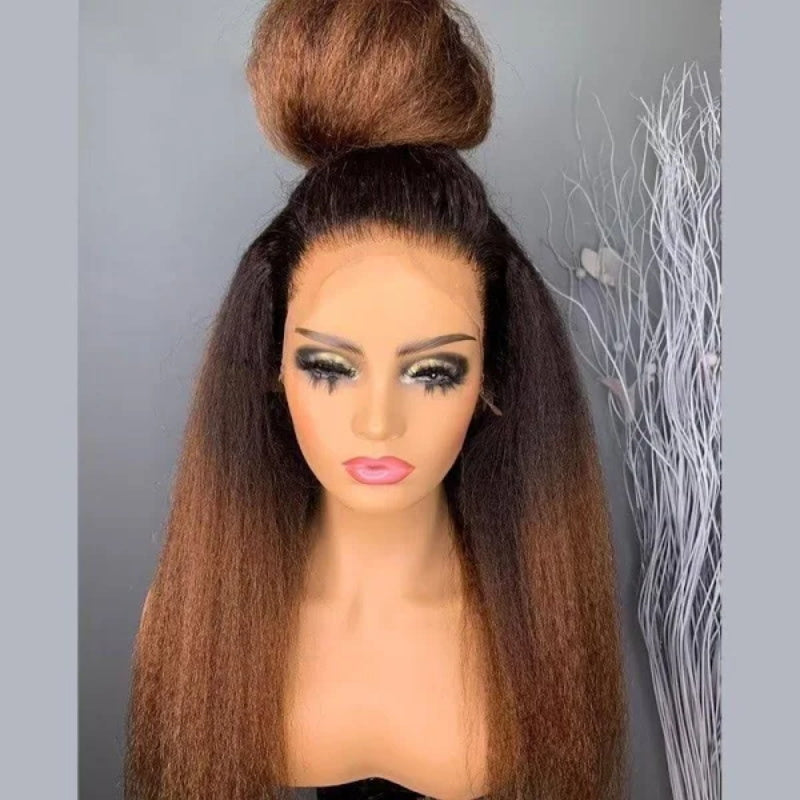 1B/30 Ombre 4C Hairline 360 Lace Front Yaki Straight / Kinky Straight Wigs HD Lace Human Hair Wigs with 4C Curly Baby Hair High Density