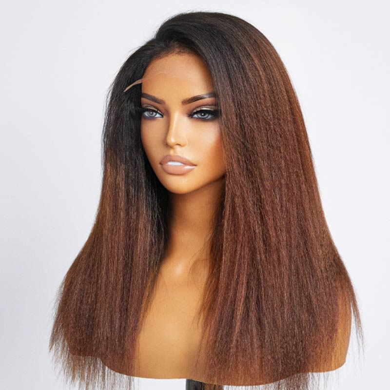 1B/30 Ombre 4C Hairline 360 Lace Front Yaki Straight / Kinky Straight Wigs HD Lace Human Hair Wigs with 4C Curly Baby Hair High Density