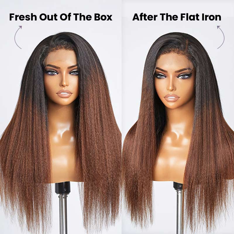1B/30 Ombre 4C Hairline 360 Lace Front Yaki Straight / Kinky Straight Wigs HD Lace Human Hair Wigs with 4C Curly Baby Hair High Density