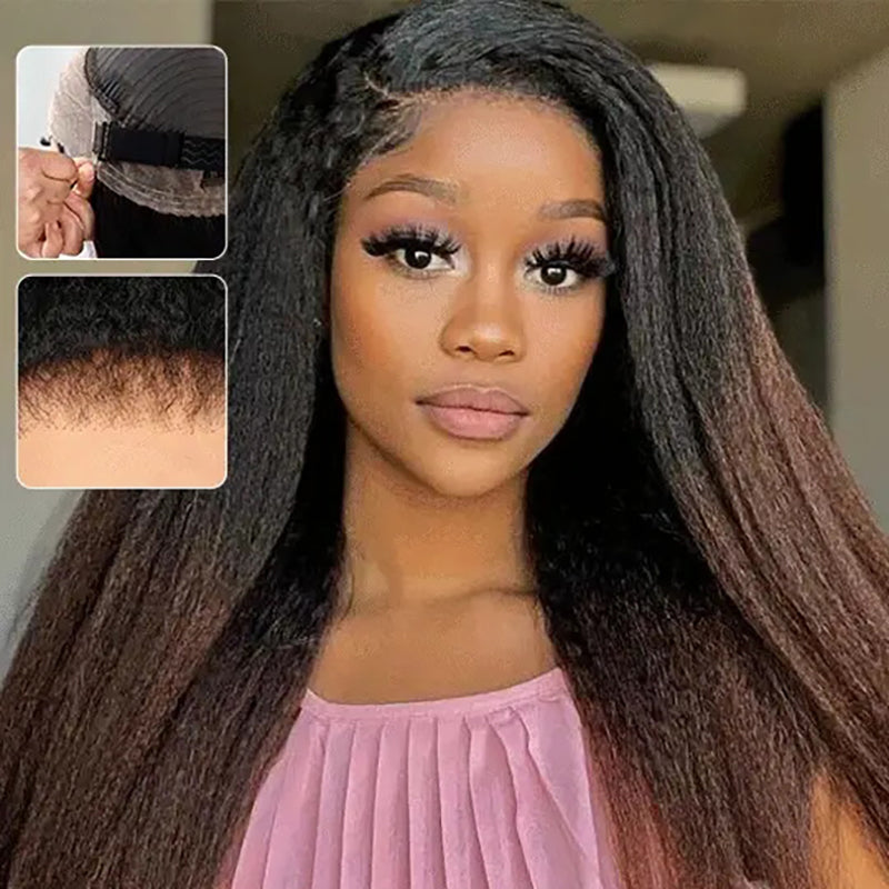 1B/30 Ombre 4C Hairline 360 Lace Front Yaki Straight / Kinky Straight Wigs HD Lace Human Hair Wigs with 4C Curly Baby Hair High Density