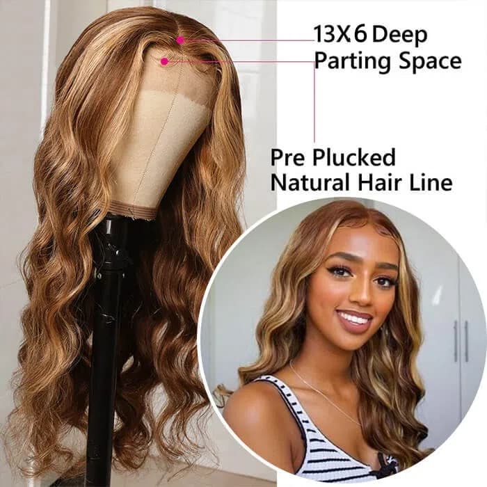 Honey Blonde Highlight Body Wave Wig 13x6 Lace Frontal Wig Pre-cut Hd Lace Bleachde Knots P4/27 Colored Human Hair Wig