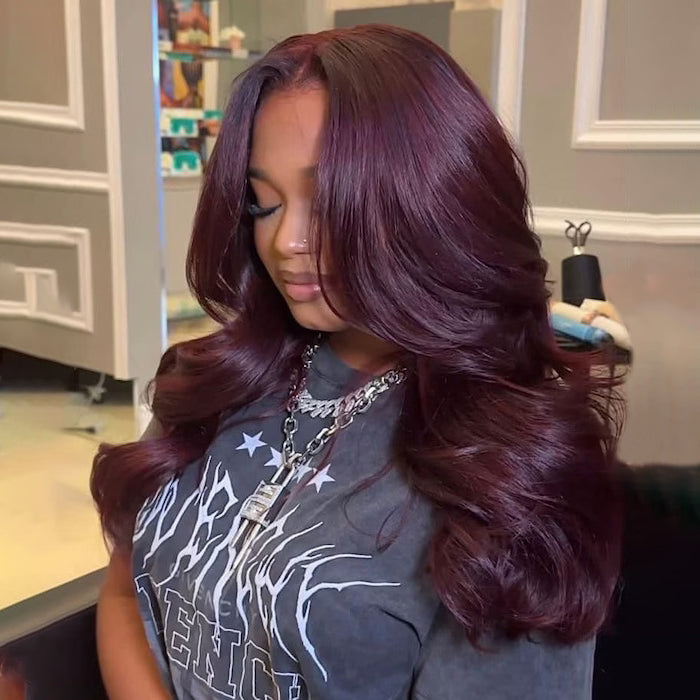 Dark Purple Curtain Bangs Body Wave Wig Lace Front Human Hair Wigs 8X5 Pre -Everything