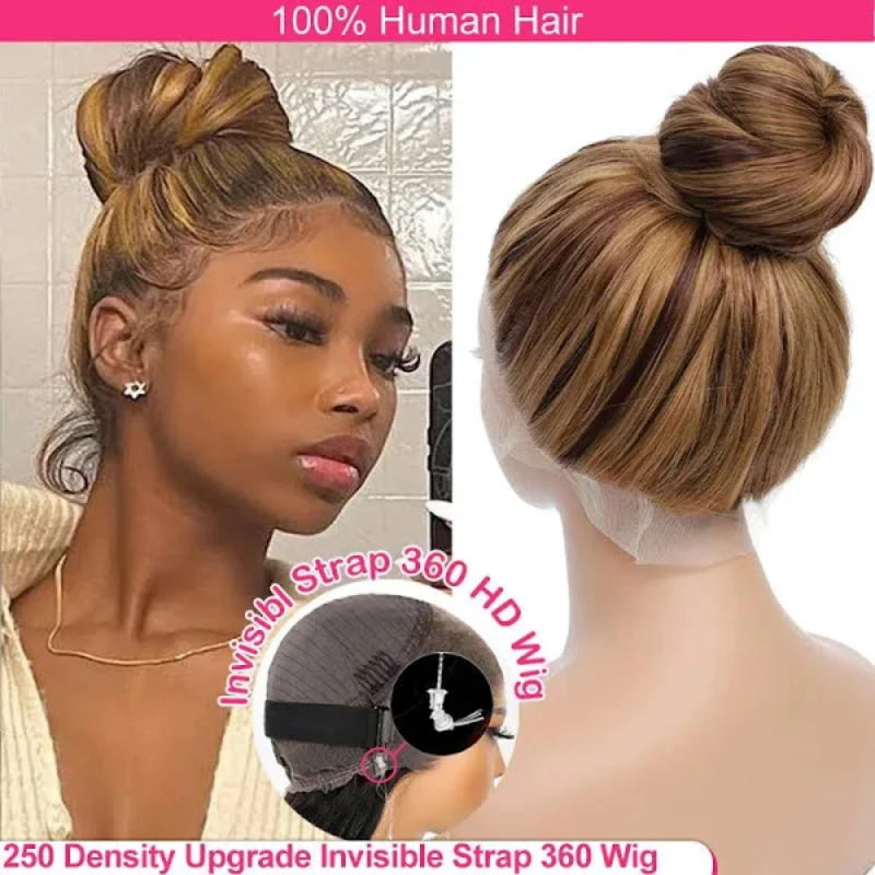 P4/27 Highlight Wigs Glueless 360 Wig With Invisi-Strap Snug Fit Bleached Knots HD Lace Wigs