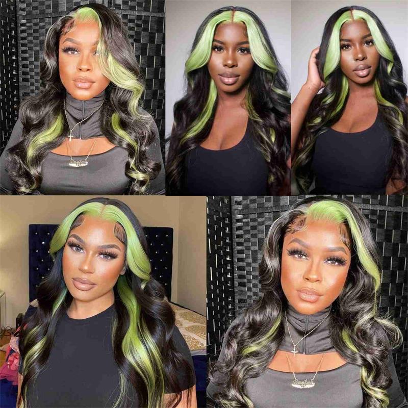 hd lace closure green skunk stripe wig