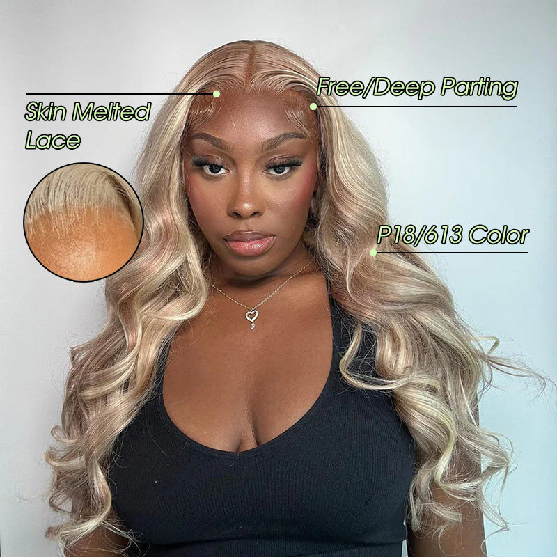 Honey Blonde Highlights P18/613 Body Wave Glueless 5x5 Lace Wig 13x6 Full Lace Frontal Wig 180% Density