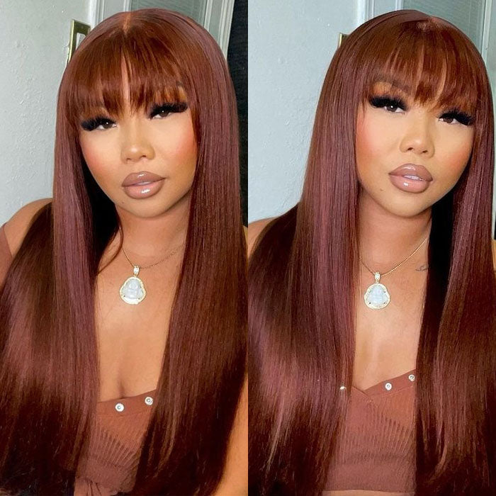 reddish brown wig with bangs