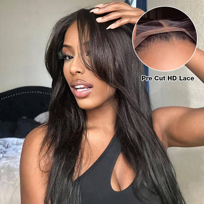 Body Wave 5x5 Swiss Lace Closure Wigs with Curtain Bangs Straight Human Hair Wigs Affordable