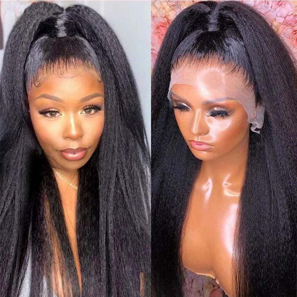Ymy Hair -Kinky Straight And Yaki Straight 360 Lace Frontal Wigs Pre Plucked Hairline Human Hair Wigs