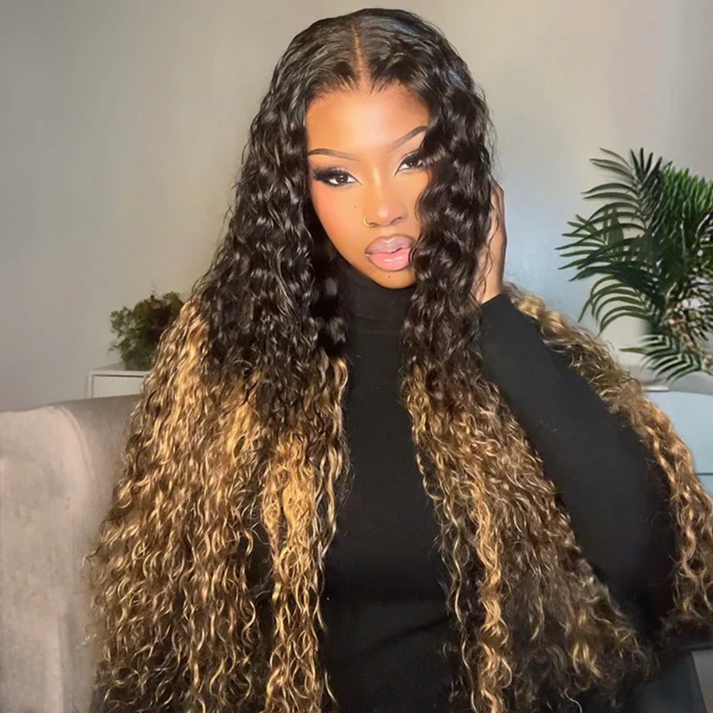 YMY Hair Two Tone Ombre Highlights Honey Blonde 8X5 13x6 HD Lace Front Colored Wigs Two Tones Curly 100% Human Hair