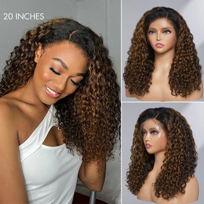 Glueless Ombre Brown Highlight Color with Curly Edges 8x5 Closure Lace Wig