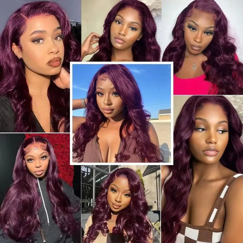 Dark Purple Curtain Bangs Body Wave Wig Lace Front Human Hair Wigs 8X5 Pre -Everything
