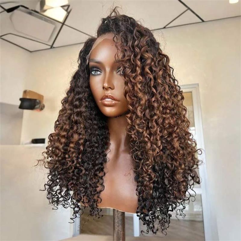 Glueless Ombre Brown Highlight Color with Curly Edges 8x5 Closure Lace Wig