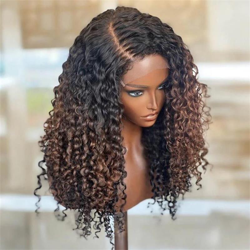 Glueless Ombre Brown Highlight Color with Curly Edges 8x5 Closure Lace Wig