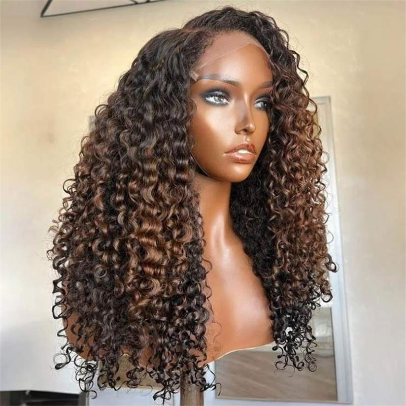 Glueless Ombre Brown Highlight Color with Curly Edges 8x5 Closure Lace Wig