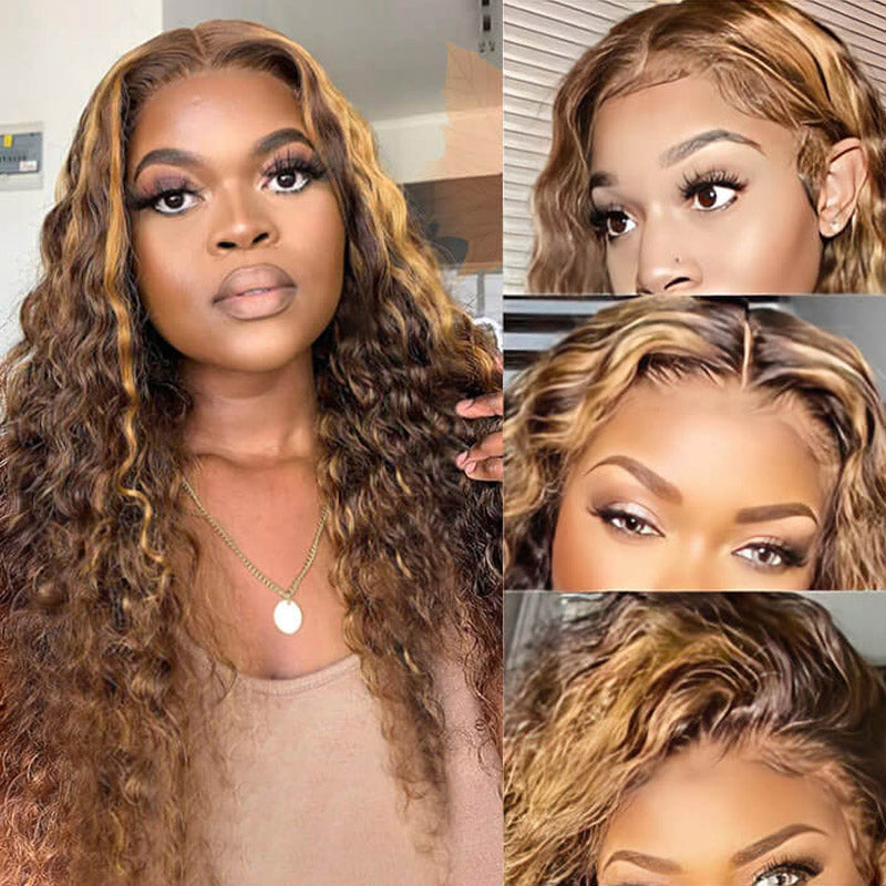 13x4 lace frontal wigs deep wave highlight hair