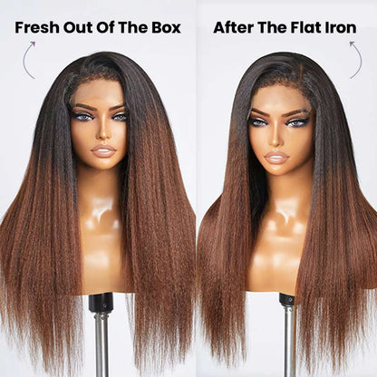 1B/30 Ombre 4C Hairline 360 Lace Front Yaki Straight / Kinky Straight Wigs  HD Lace Human Hair Wigs with 4C Curly Baby Hair High Density