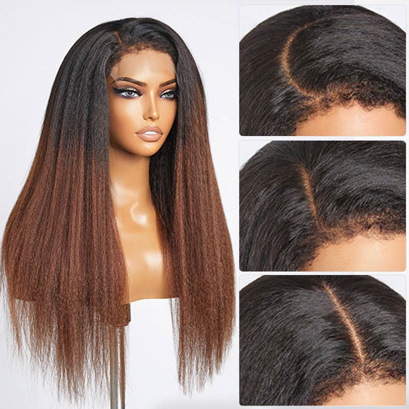1B/30 Ombre 4C Hairline 360 Lace Front Yaki Straight / Kinky Straight Wigs  HD Lace Human Hair Wigs with 4C Curly Baby Hair High Density