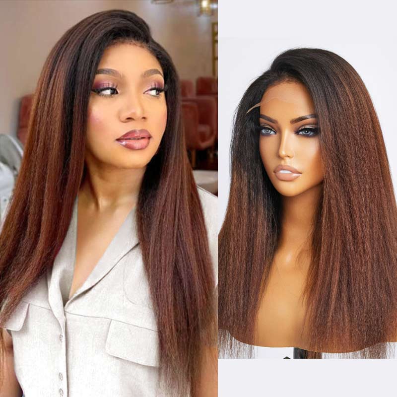 1B/30 Ombre 4C Hairline 360 Lace Front Yaki Straight / Kinky Straight Wigs  HD Lace Human Hair Wigs with 4C Curly Baby Hair High Density