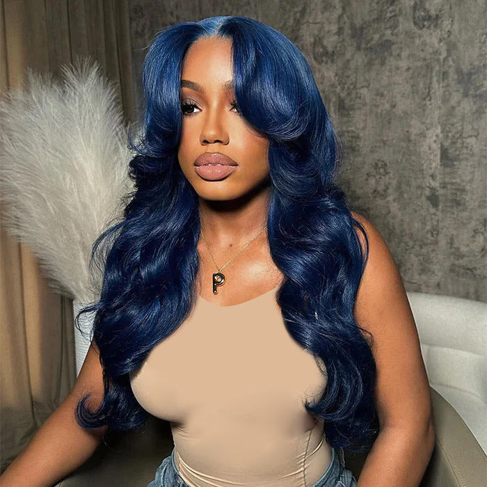 Dark Blue Color Body Wave Lace Front Wigs and Closure Wigs with Curtain Bangs Pre-plucked Hairline