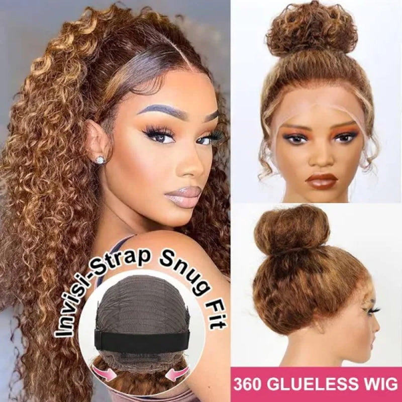P4/27 Highlight Wigs Glueless 360 Wig With Invisi-Strap Snug Fit Bleached Knots HD Lace Wigs