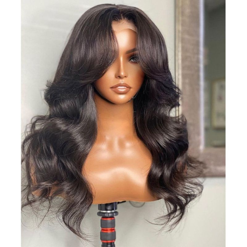 body wave wig with curtain bang