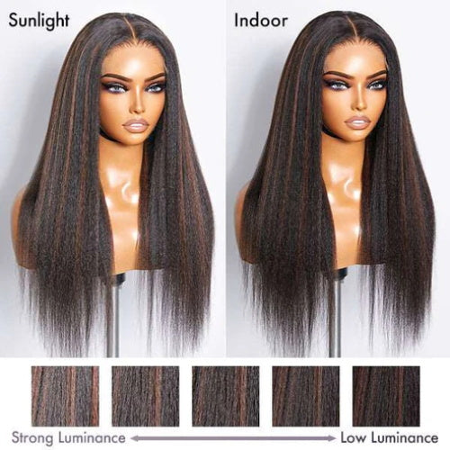 Highlight Color 5x5 /8x5 Lace Wig Yaki Straight / Kinky Straight Wigs  HD Lace Human Hair Wigs with 4C Curly Baby Hair High Density