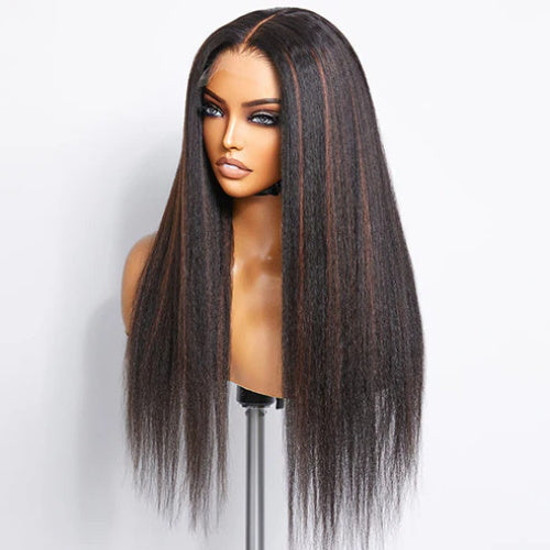 Highlight Color 5x5 /8x5 Lace Wig Yaki Straight / Kinky Straight Wigs  HD Lace Human Hair Wigs with 4C Curly Baby Hair High Density