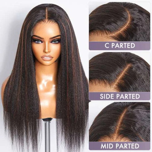 Highlight Color 5x5 /8x5 Lace Wig Yaki Straight / Kinky Straight Wigs  HD Lace Human Hair Wigs with 4C Curly Baby Hair High Density