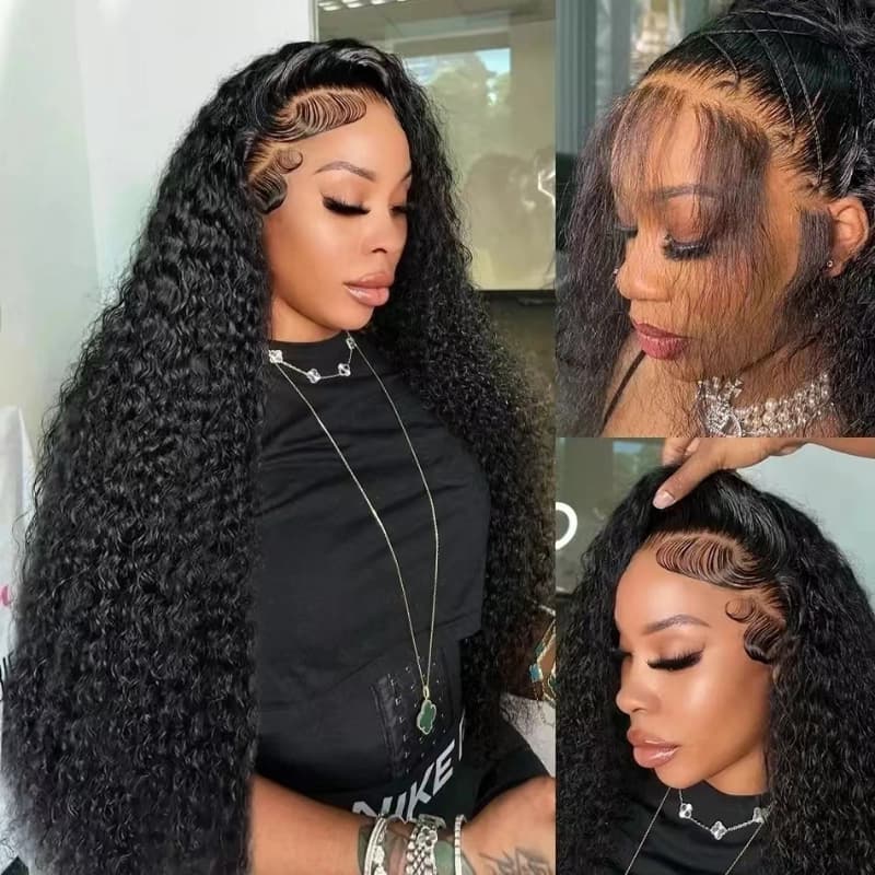 Deep Wave Full Lace Front Wigs Free Part Skin Melt HD Wig Natural Black With Pre Plucked 230% Density