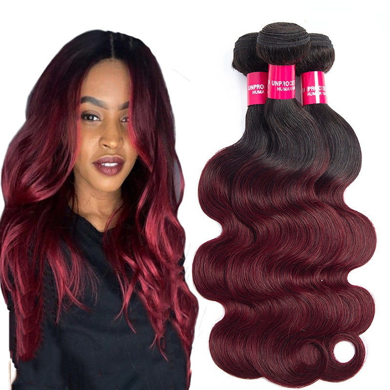3 Bundles Human Hair Ombre Burgundy Color