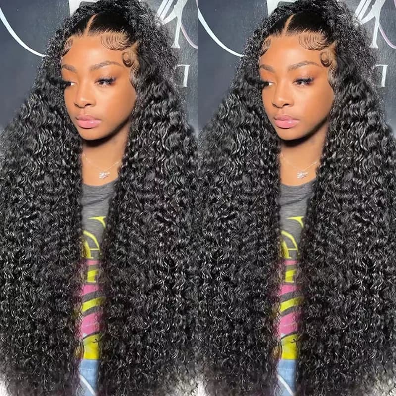 Deep Wave Full Lace Front Wigs Free Part Skin Melt HD Wig Natural Black With Pre Plucked 230% Density