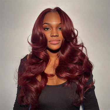 Body Wave 99J Burgundy Curtain Bangs Wigs