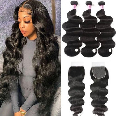 Body Wave 3 Bundles with Free Part Lace Frontal and Lace Closure