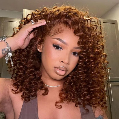 Put On &amp; Go Chocolate Reddish Brown Glueless Bouncy Curly 13x4 Lace Front Wig Pre Plucked 250% Density