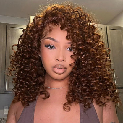 Put On &amp; Go Chocolate Reddish Brown Glueless Bouncy Curly 13x4 Lace Front Wig Pre Plucked 250% Density