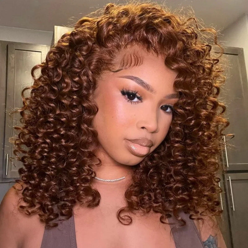 Put On &amp; Go Chocolate Reddish Brown Glueless Bouncy Curly 13x4 Lace Front Wig Pre Plucked 250% Density
