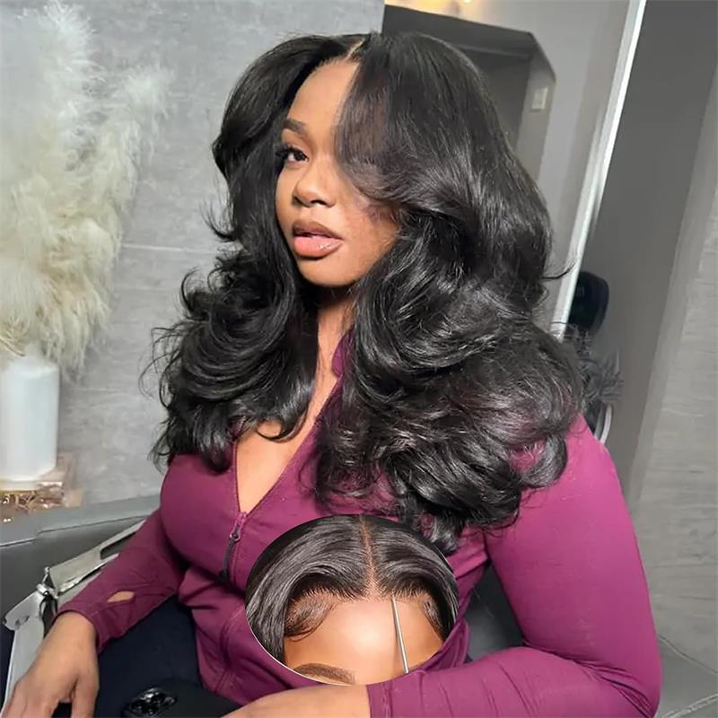 Curtain Bangs Full 250% Density Loose Body Wave Human Hair Wigs  Layered Cut
