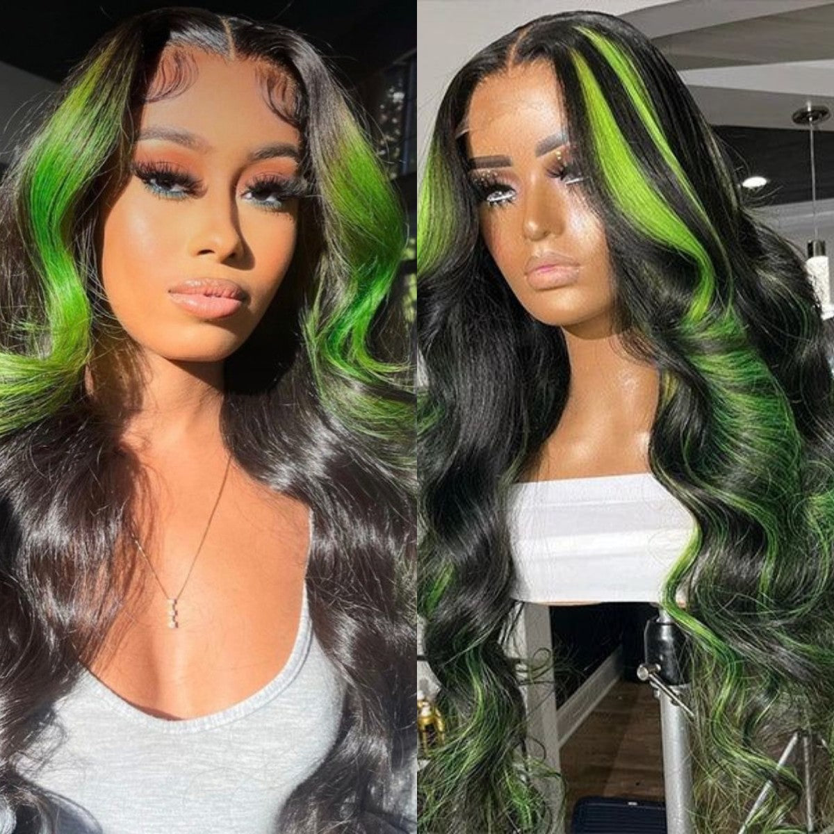 lace front wig green skunk stripe hair