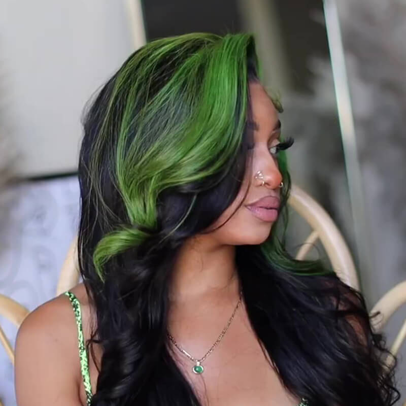 lace frontal wig green skunk stripe hair