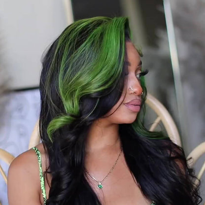 lace frontal wig green skunk stripe hair