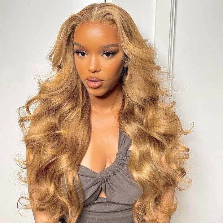 Honey Blonde Color Straight Wigs with Curtain Bangs