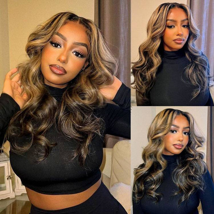 Honey Blonde Ombre HD Lace Wigs with Curtain Bangs