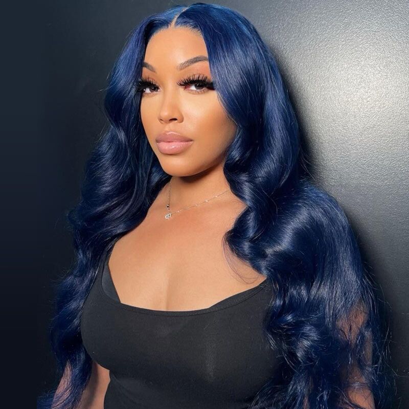 Dark Blue Color Body Wave Lace Front Wigs and Closure Wigs with Curtain Bangs Pre-plucked Hairline