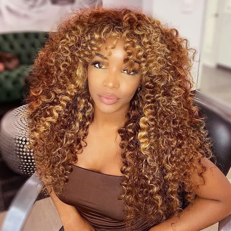 Ombre Highlights Jerry Curly Wigs with Curtain Bangs