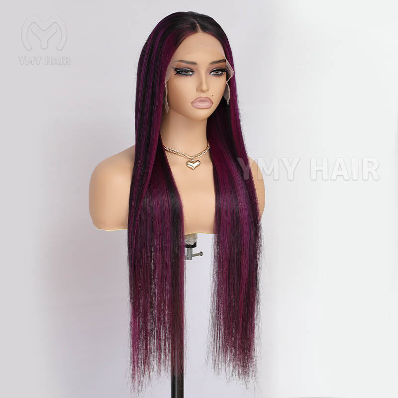 Purple Highlight Long Straight 3D Dome Cap Wigs