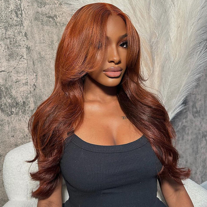 Red Brown Body Wave Lace Wigs with Curtain Bangs