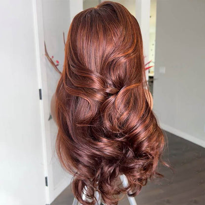 Red Brown Body Wave Lace Wigs with Curtain Bangs