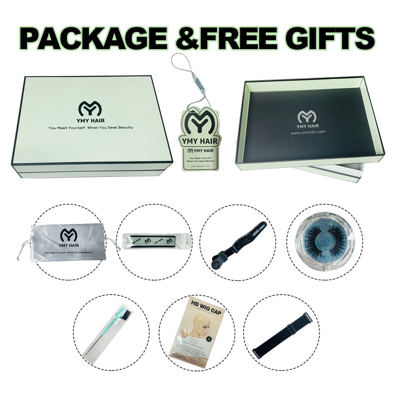 YMY Hair Free Gifts Package Includes 7 Gifts: Ymy Brand Luxury Box | Ymy Luxury Silk Bag | Ymy Lace Melt Elastic Headband | 3D Mink Eyelashes | Multi-Edges Makeup Brush | HD Wig Cap | Adjustable Elastic Band