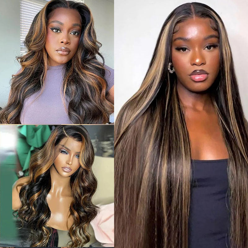 Straight/Body Wave Highlight Color Wigs 13x4 Invisible Lace Front/5x8 Lace Closure Remy Human Hair 3D Dome Cap Wigs Bleached Knots